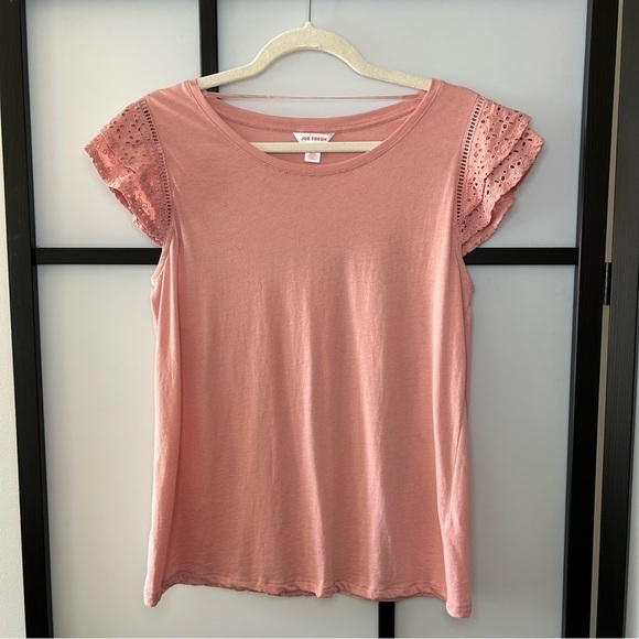 [M] Joe Fresh Powder Pink Short Sleeve Top With Boho Crochet Detail Sleeves - Picture 1 of 10
